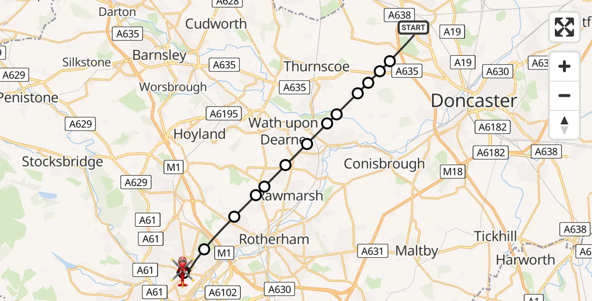 Flight path map showing Air Ambulance Helicopter route from Woodlands to Sheffield Northern Hospital