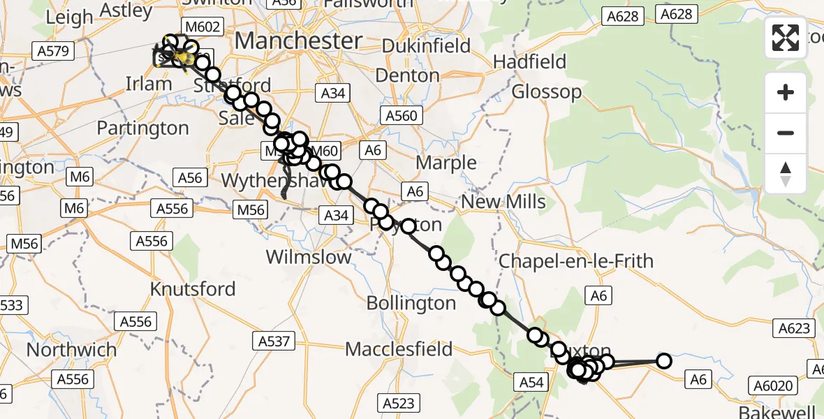 Flight path map showing Police Helicopter route from Manchester Barton Aerodrome to Manchester Barton Aerodrome