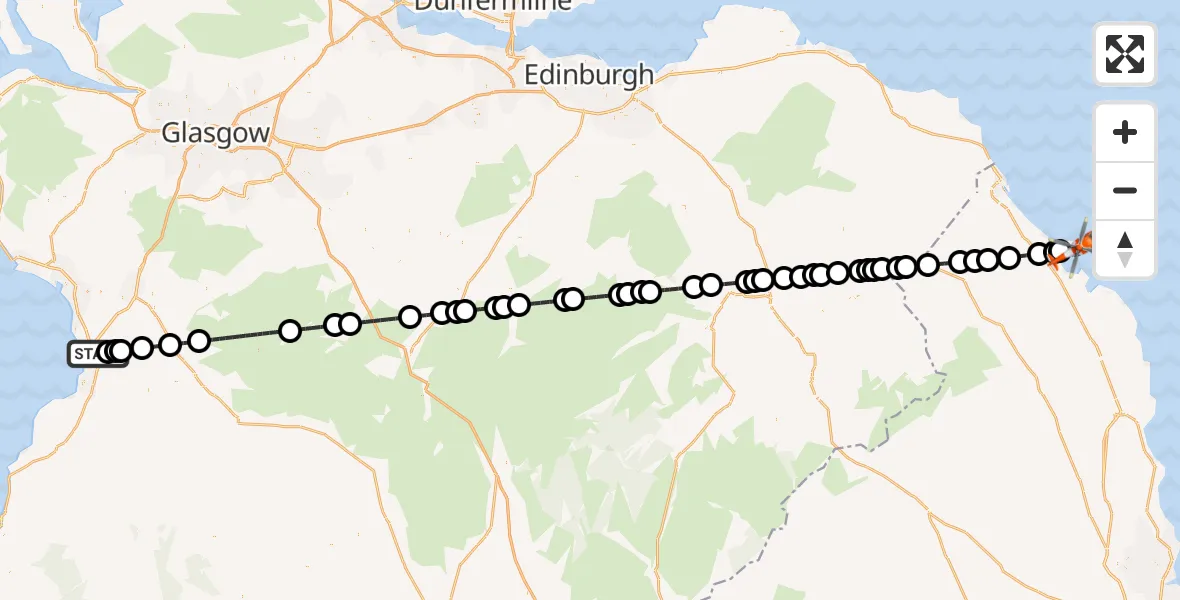 Flight path map showing Coastguard Helicopter route from Glasgow Prestwick Airport to Holy Island