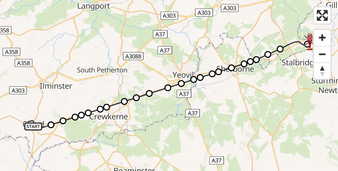 Flight path map showing Air Ambulance Helicopter route from Chard to Henstridge Airfield
