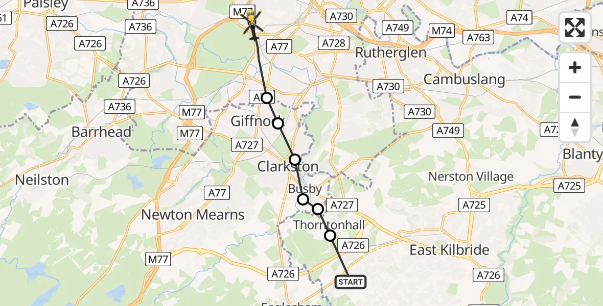 Flight path map showing Police Helicopter route from Jackton to Glasgow