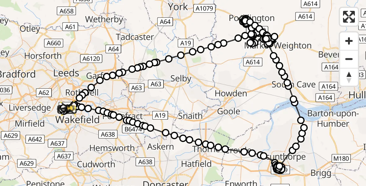 Routekaart van de vlucht: Police Helicopter to East Ardsley, Stoney Lane
