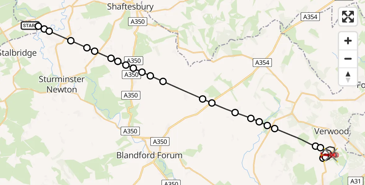 Flight path map showing Air Ambulance Helicopter route from Henstridge Airfield to Three Legged Cross