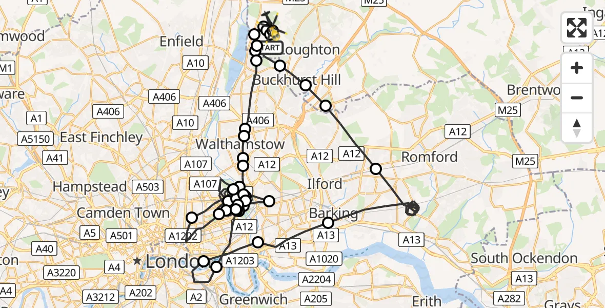 Flight path map showing Police Helicopter route from Sewardstonebury to Epping Forest