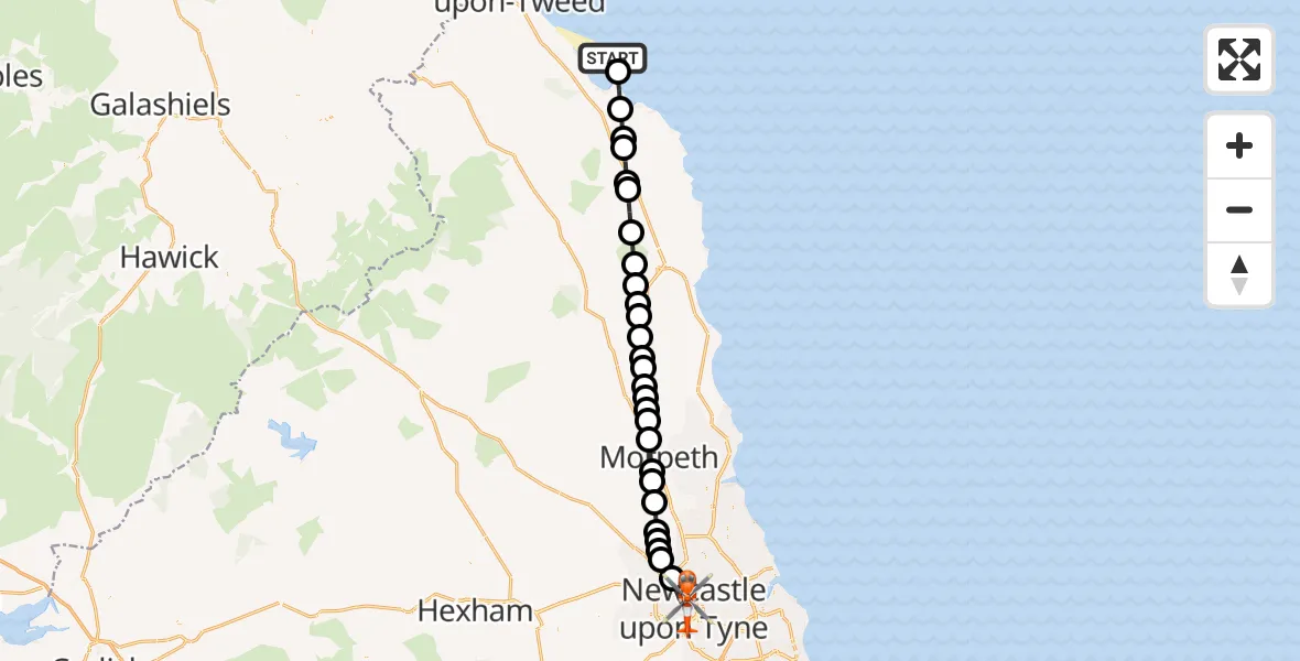 Routekaart van de vlucht: Coastguard Helicopter to Newcastle upon Tyne, Richardson Road