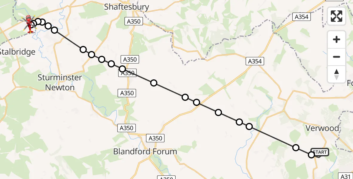 Flight path map showing Air Ambulance Helicopter route from Three Legged Cross to Henstridge Airfield