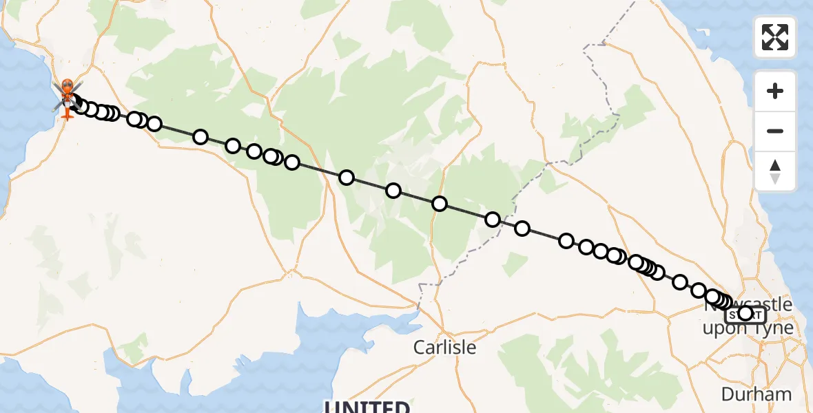 Flight path map showing Coastguard Helicopter route from Newcastle Royal Victoria Infirmary to Glasgow Prestwick Airport