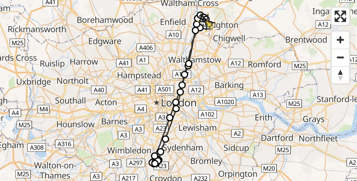 Flight path map showing Police Helicopter route from Greater London to Sewardstonebury