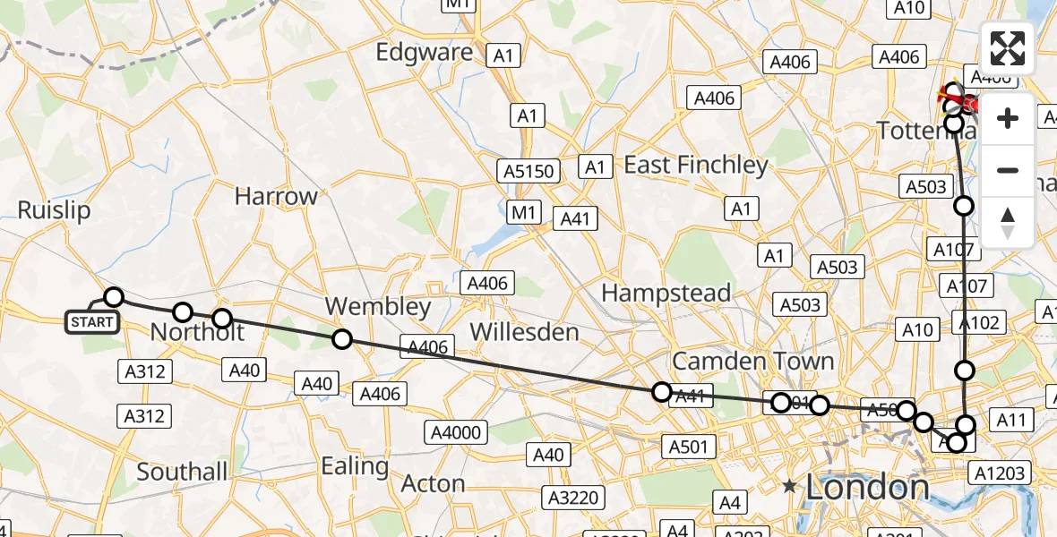 Flight path map showing Air Ambulance Helicopter route from RAF Northolt to London Borough of Haringey