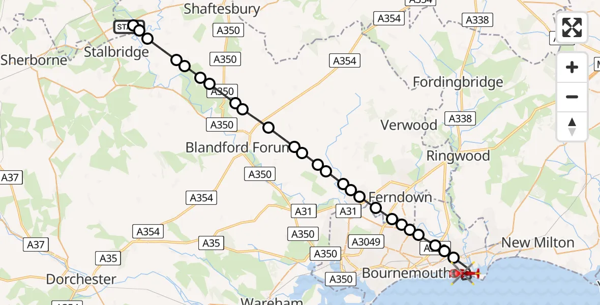 Flight path map showing Air Ambulance Helicopter route from Henstridge Airfield to Wick