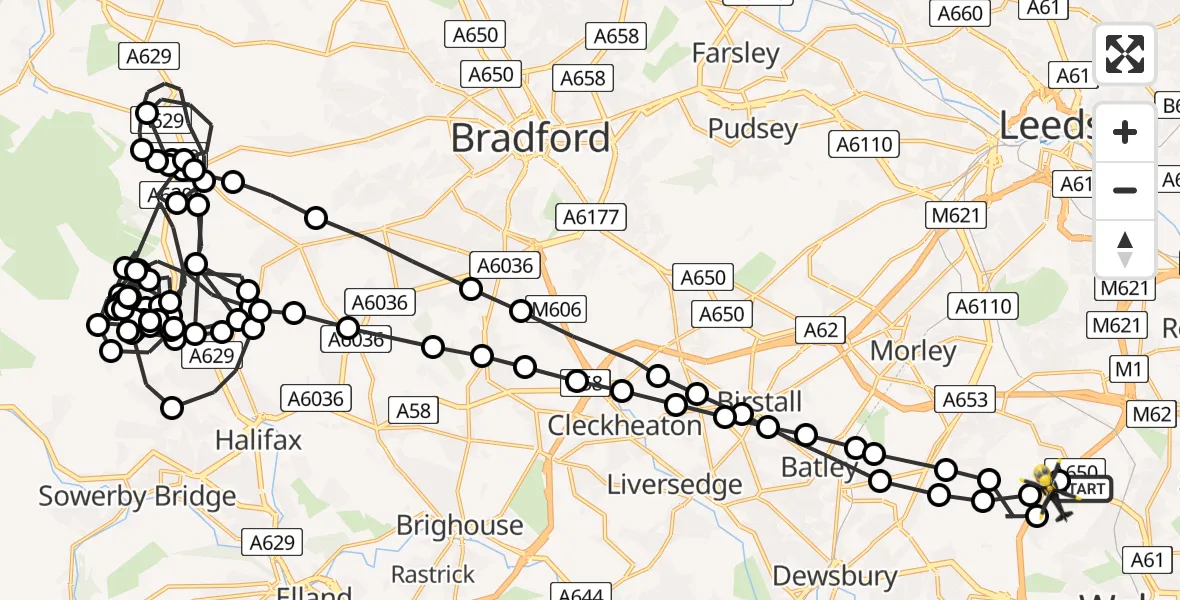 Flight path map showing Police Helicopter route from Wrenthorpe to East Ardsley