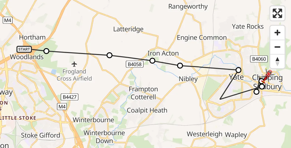 Flight path map showing Air Ambulance Helicopter route from Almondsbury Helicopter Base to Chipping Sodbury