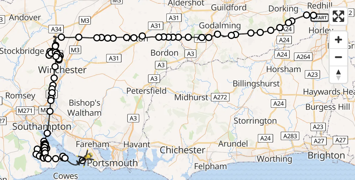 Flight path map showing Police Helicopter route from Salfords to Solent Airport