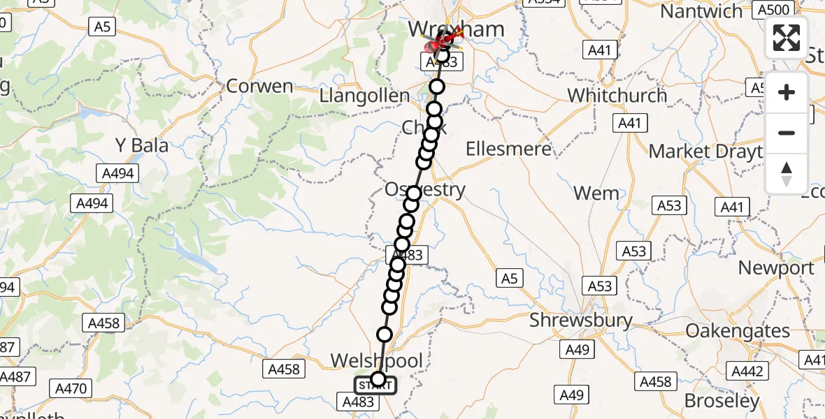 Flight path map showing Air Ambulance Helicopter route from Welshpool Airport to Rhostyllen