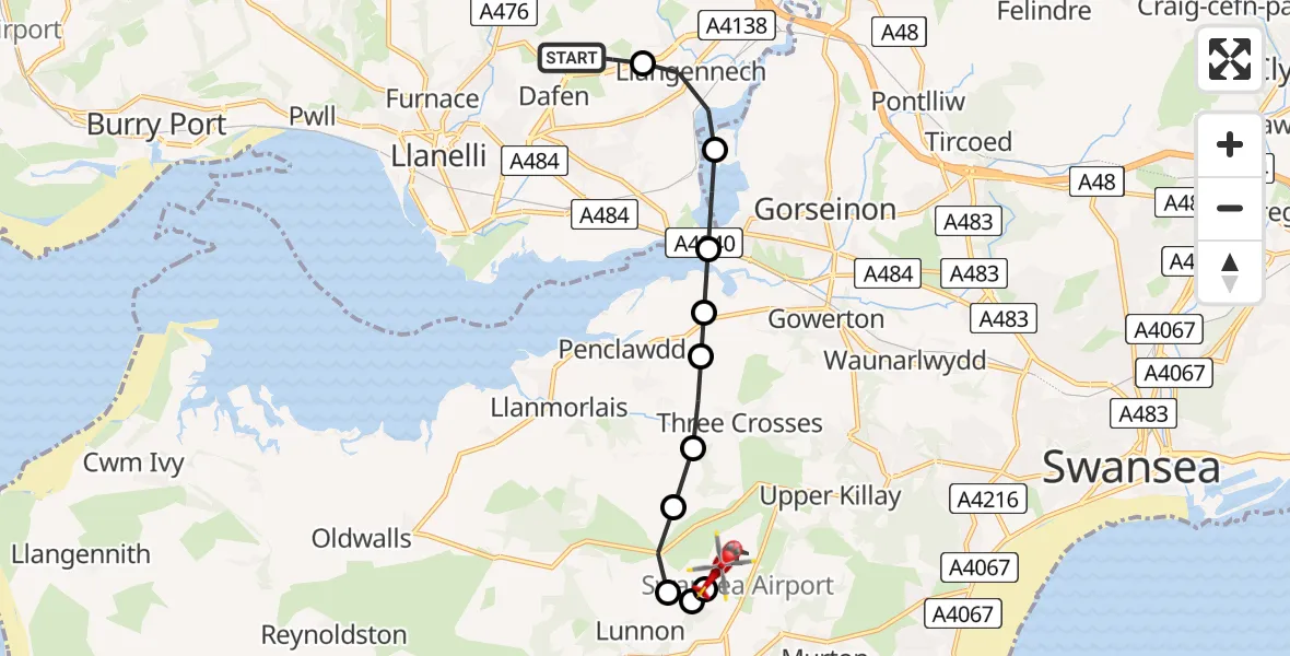 Flight path map showing Air Ambulance Helicopter route from Dafen to Ilston
