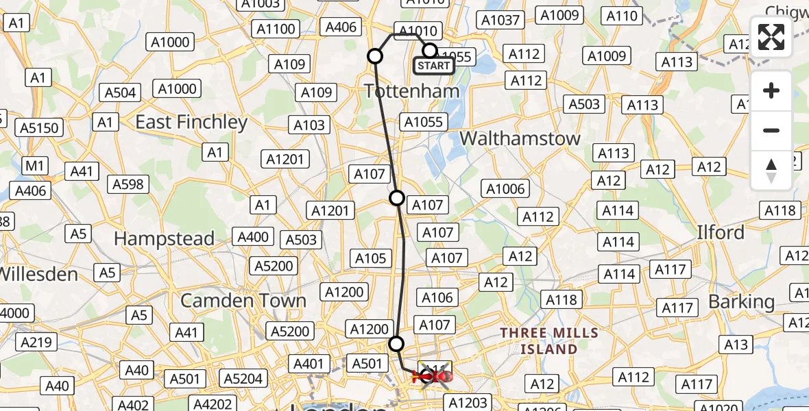 Flight path map showing Air Ambulance Helicopter route from London Borough of Haringey to Royal London Hospital