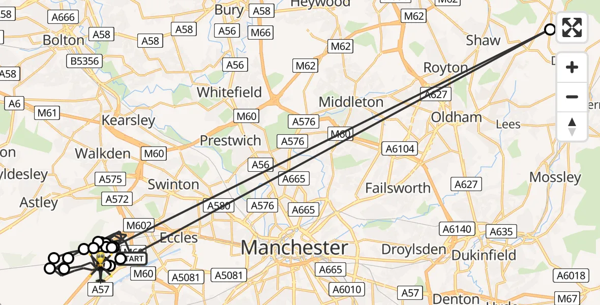 Flight path map showing Police Helicopter route from Worsley to Irlam