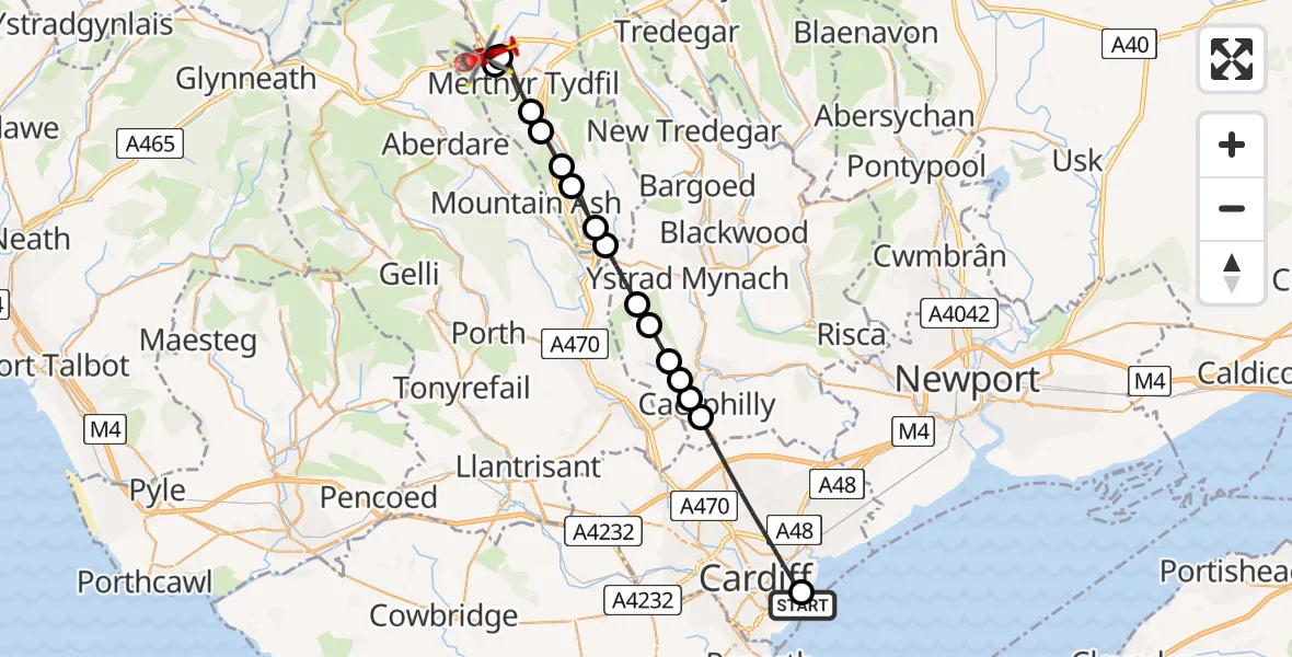 Flight path map showing Air Ambulance Helicopter route from Cardiff Heliport to Trefechan
