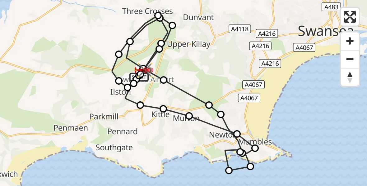 Flight path map showing Air Ambulance Helicopter route from Swansea Airport to Swansea Airport