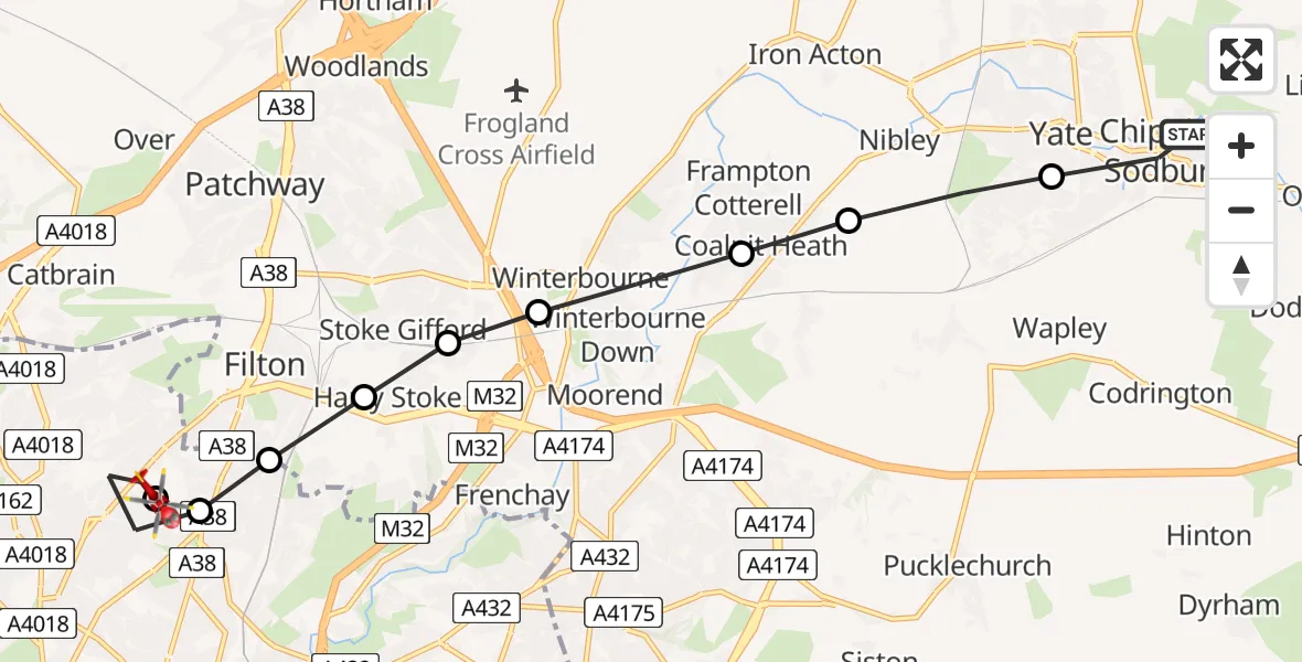 Flight path map showing Air Ambulance Helicopter route from Chipping Sodbury to Southmead Hospital