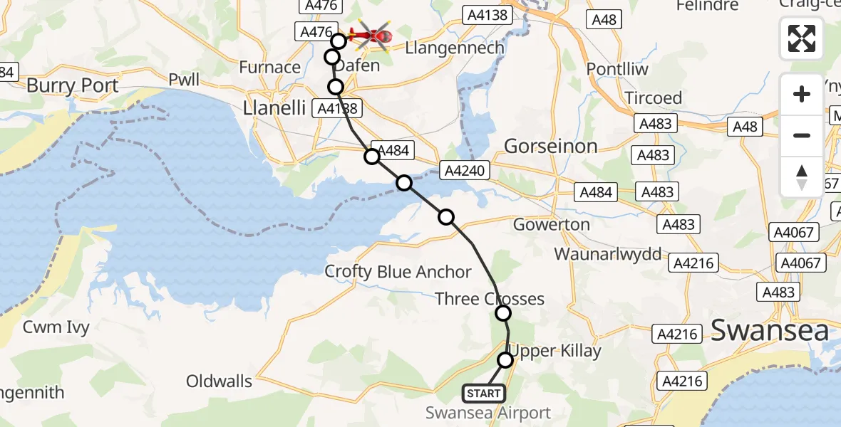 Flight path map showing Air Ambulance Helicopter route from Swansea Airport to Dafen