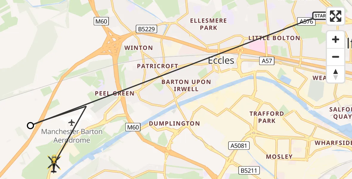 Flight path map showing Police Helicopter route from Eccles to Irlam