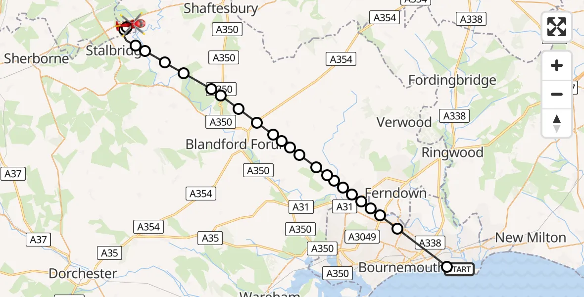 Flight path map showing Air Ambulance Helicopter route from Wick to Henstridge Airfield