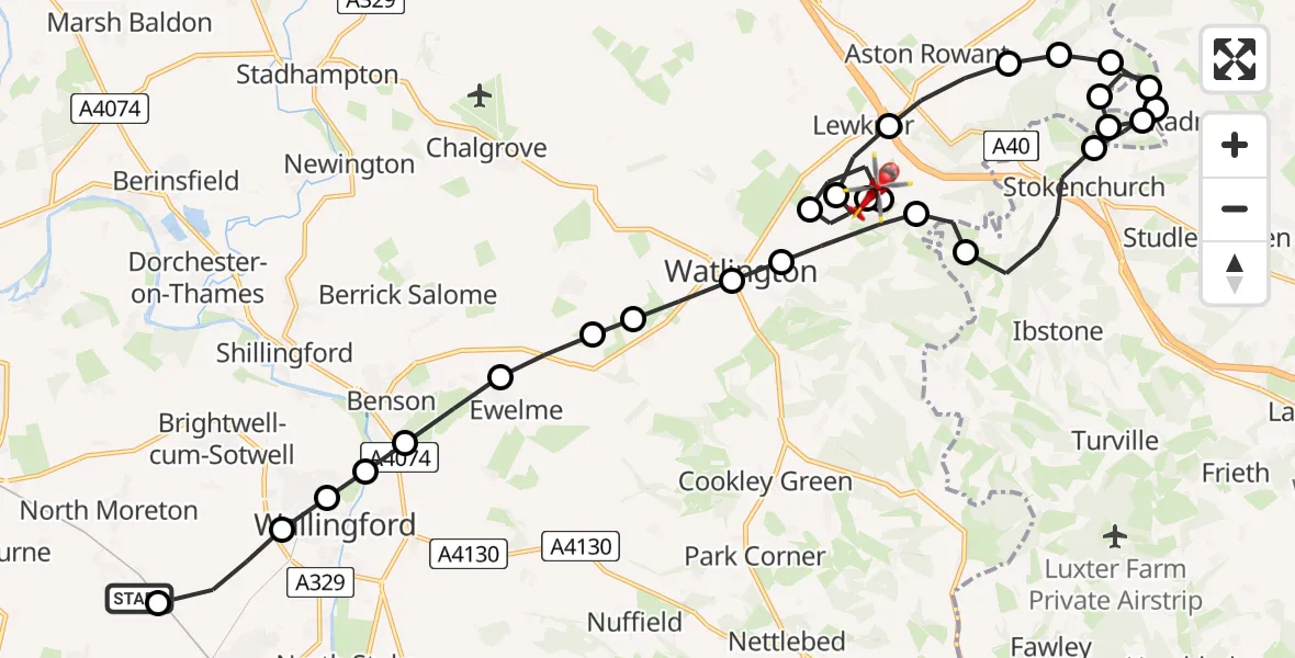 Flight path map showing Air Ambulance Helicopter route from South Moreton to Lewknor