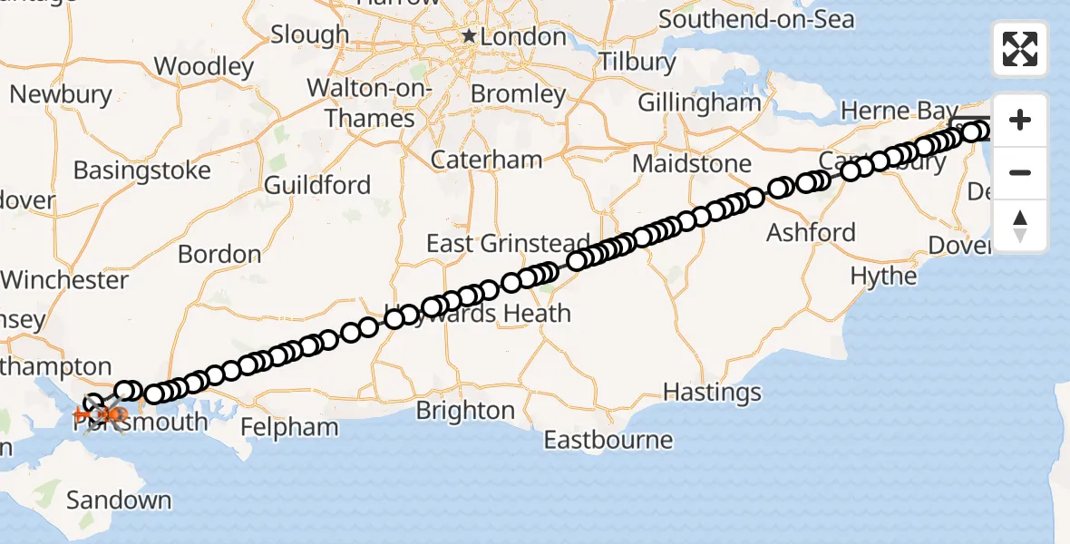 Flight path map showing Coastguard Helicopter route from Manston Airport to Solent Airport