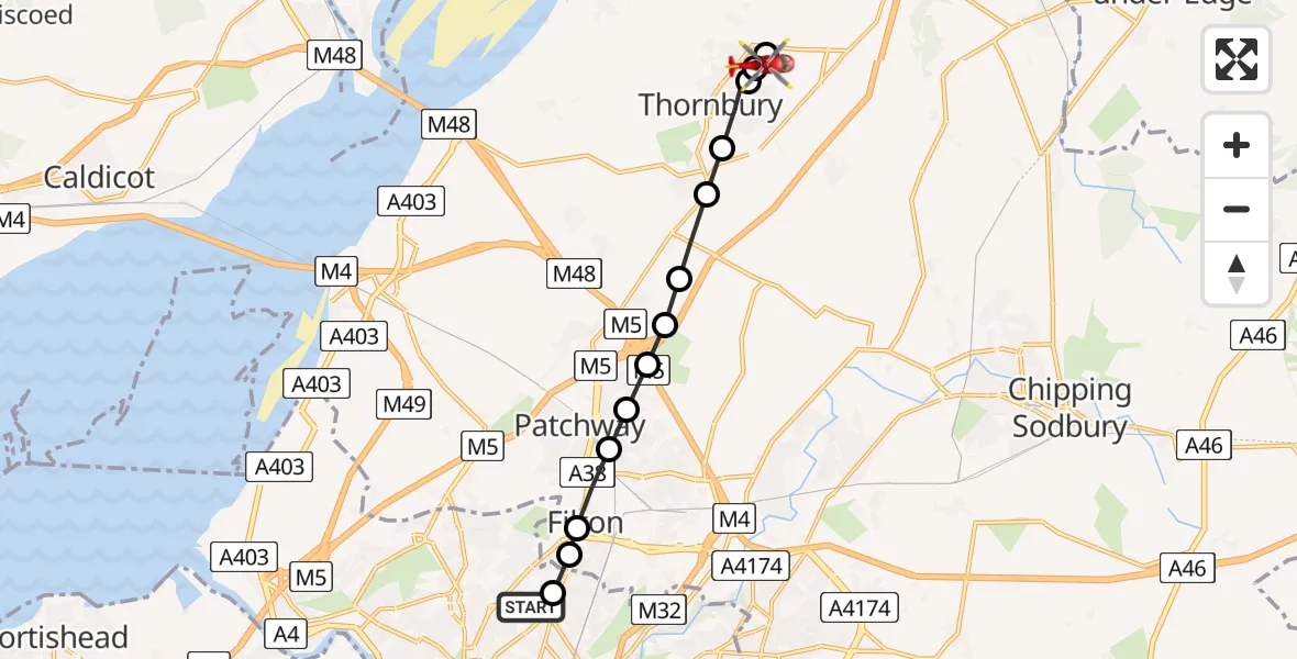 Flight path map showing Air Ambulance Helicopter route from Southmead Hospital to Thornbury