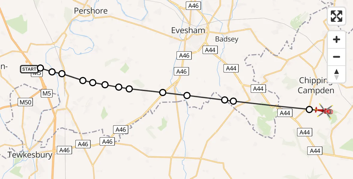 Flight path map showing Air Ambulance Helicopter route from Hill Croome to Broad Campden
