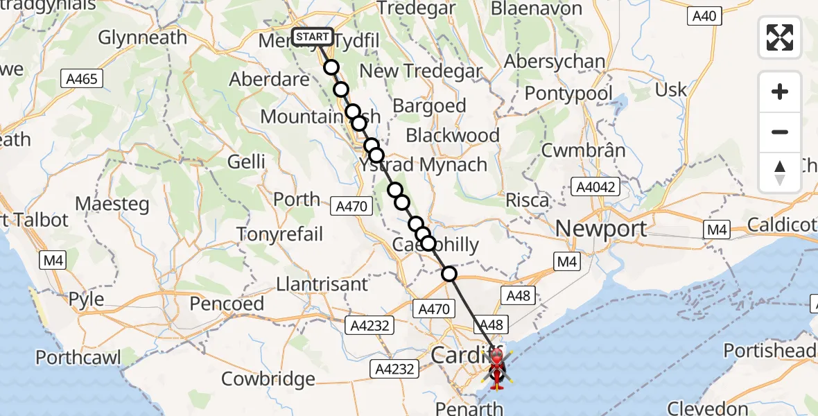 Flight path map showing Air Ambulance Helicopter route from Merthyr Tydfil to Cardiff Heliport