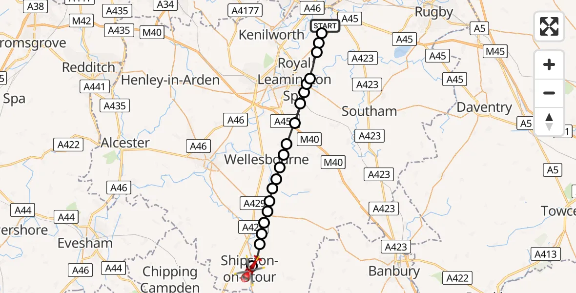 Flight path map showing Air Ambulance Helicopter route from Baginton to Shipston-on-Stour