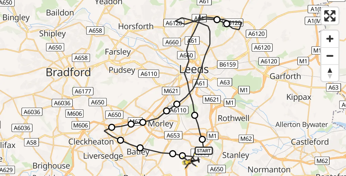 Flight path map showing Police Helicopter route from Wakefield to East Ardsley