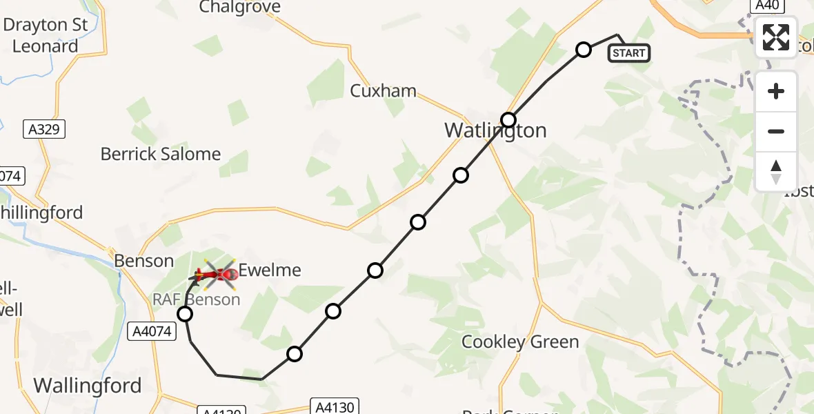 Flight path map showing Air Ambulance Helicopter route from Lewknor to RAF Benson