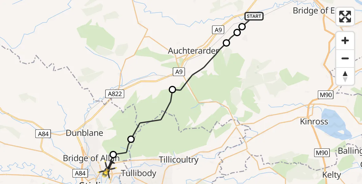 Flight path map showing Police Helicopter route from Forteviot to Stirling