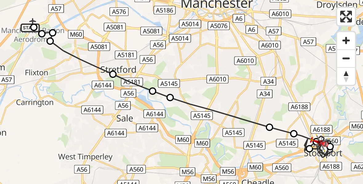 Flight path map showing Air Ambulance Helicopter route from Manchester Barton Aerodrome to Stockport