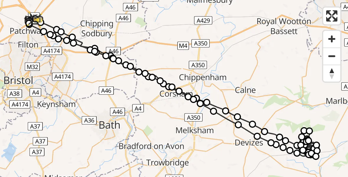 Flight path map showing Police Helicopter route from Almondsbury Helicopter Base to Almondsbury Helicopter Base