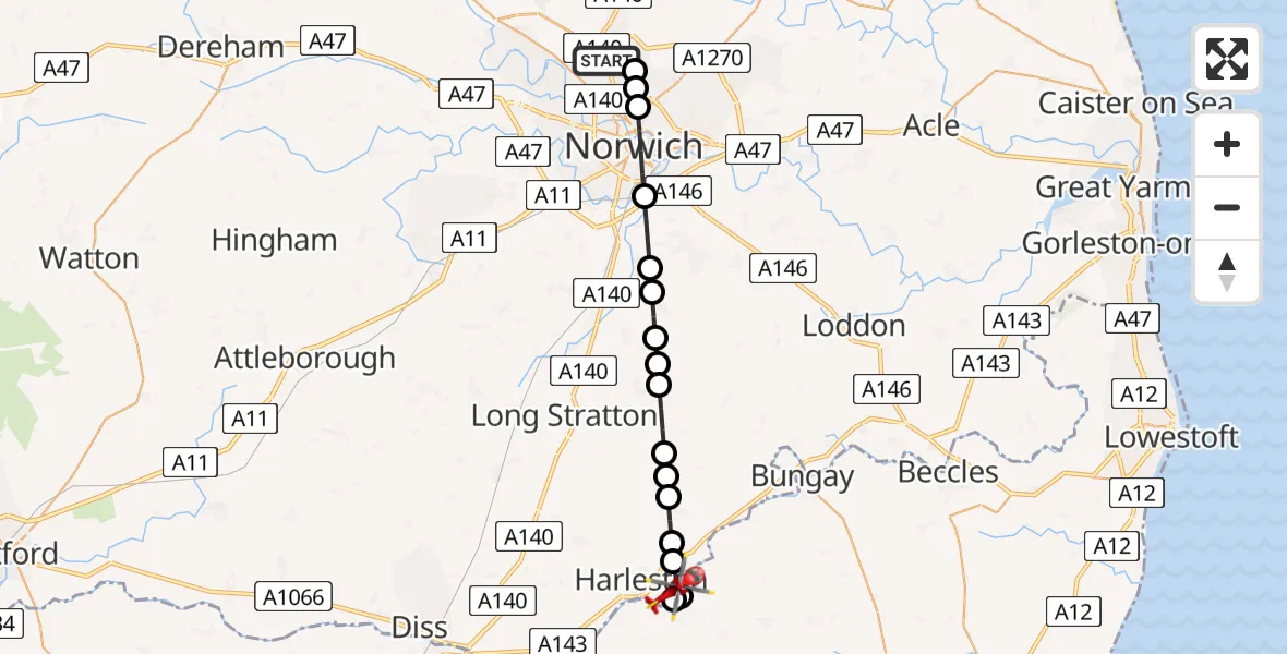 Flight path map showing Air Ambulance Helicopter route from Norwich Airport to Harleston