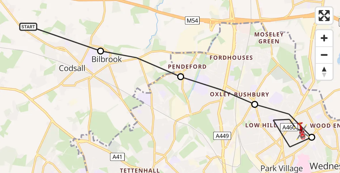 Flight path map showing Air Ambulance Helicopter route from Codsall to Park Village