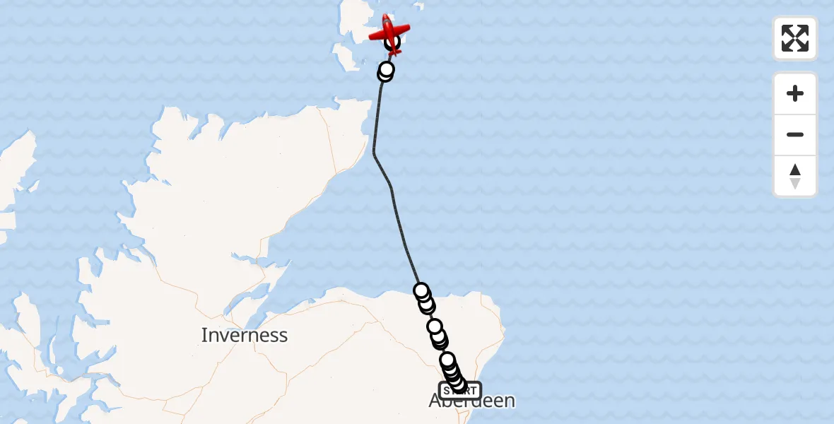 Flight path map showing Air Ambulance Aircraft route from Aberdeen International Airport to Tankerness