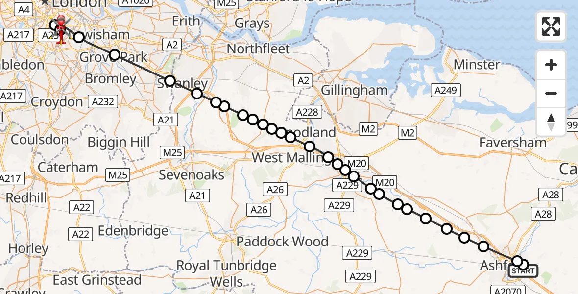 Flight path map showing Air Ambulance Helicopter route from Sevington to Kings College London Hospital