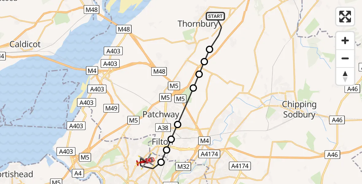 Flight path map showing Air Ambulance Helicopter route from Milbury Heath to Southmead Hospital