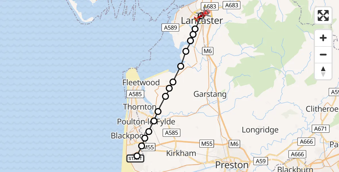 Flight path map showing Air Ambulance Helicopter route from Blackpool Airport to Lancaster