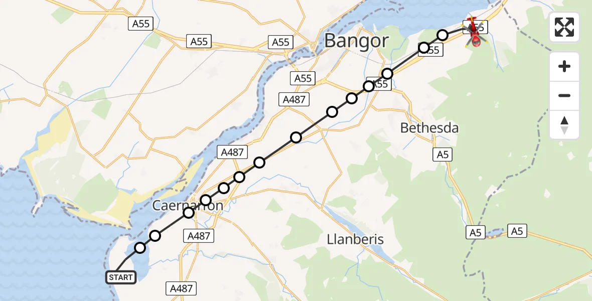 Flight path map showing Air Ambulance Helicopter route from Caernarfon Airport to Abergwyngregyn