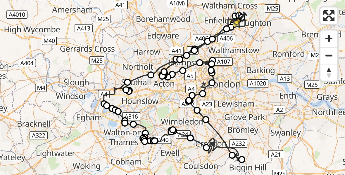 Flight path map showing Police Helicopter route from Sewardstonebury to Sewardstonebury