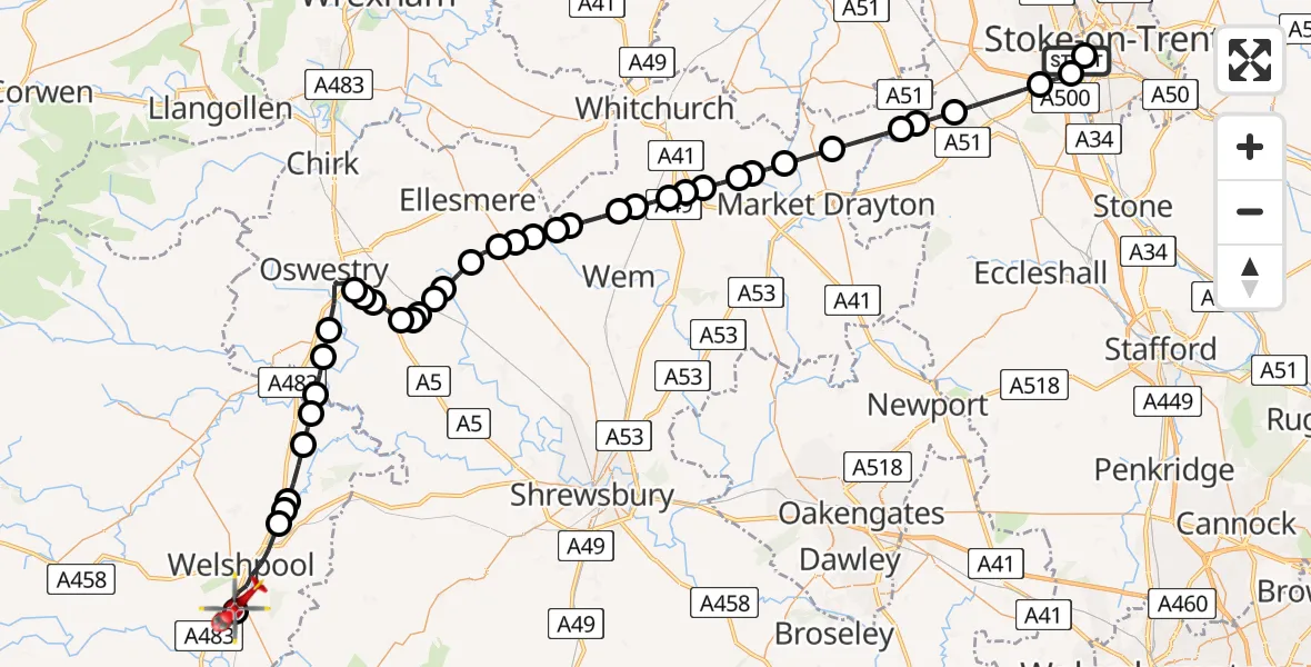 Flight path map showing Air Ambulance Helicopter route from University Hospital North Staffs to Welshpool Airport