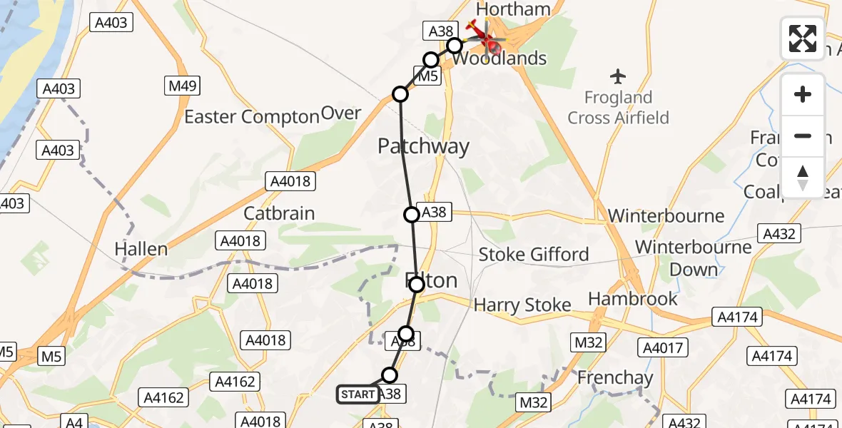 Flight path map showing Air Ambulance Helicopter route from Southmead Hospital to Almondsbury Helicopter Base