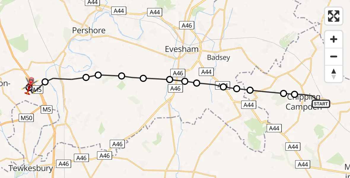 Flight path map showing Air Ambulance Helicopter route from Chipping Campden to Hill Croome