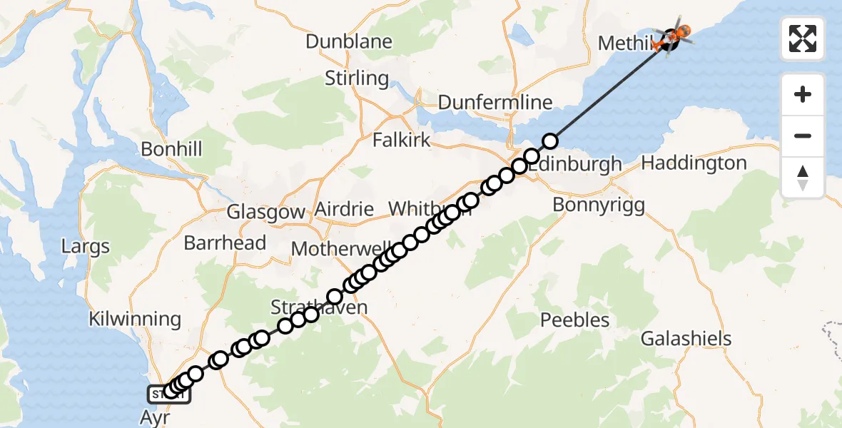 Flight path map showing Coastguard Helicopter route from Glasgow Prestwick Airport to Colinsburgh